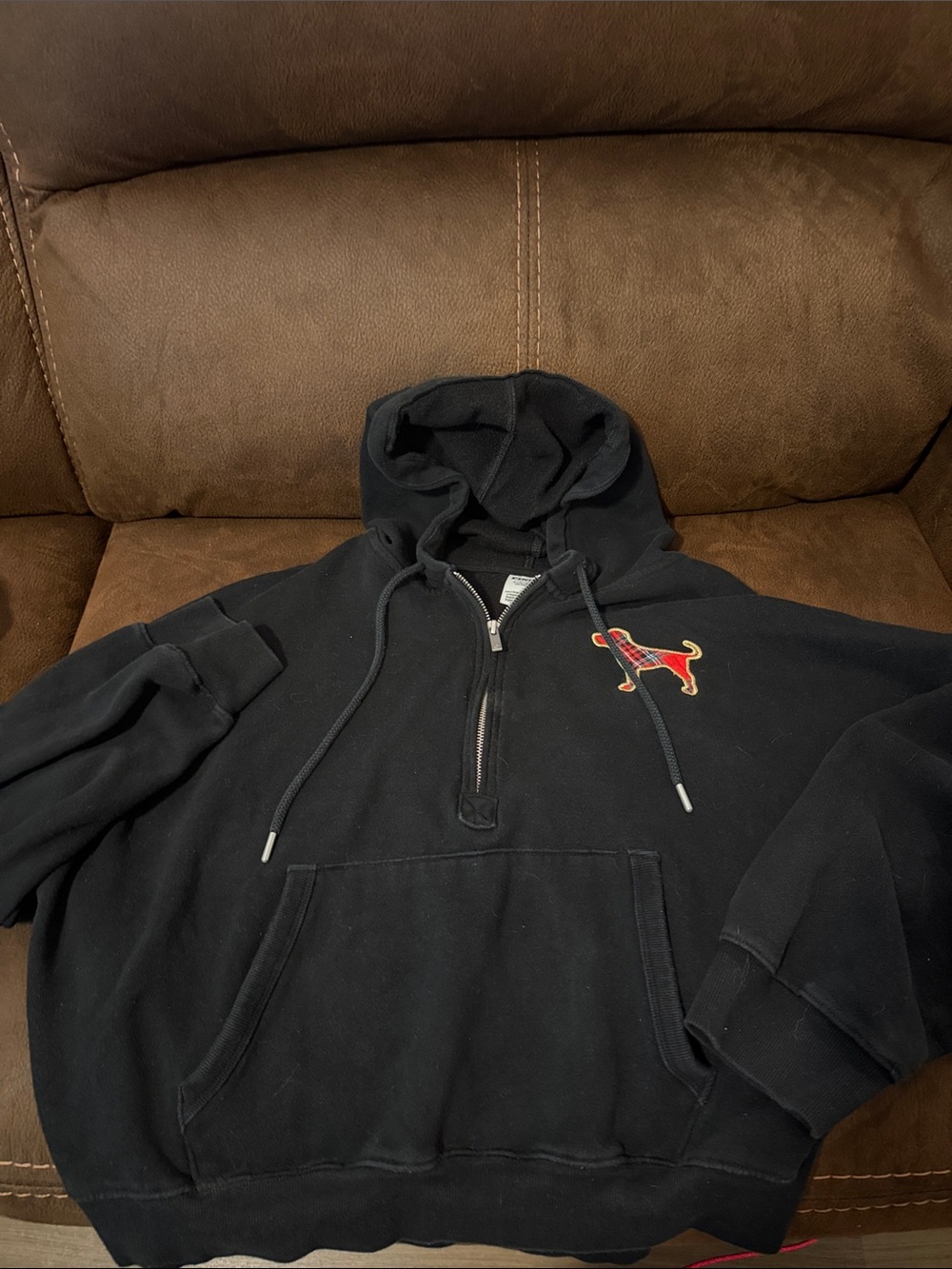 PINK Victoria's Secret Black Half-Zip Hoodie with Red Dog Patch